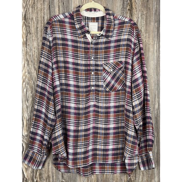 Billy Reid Womens XL Plaid Linen Shirt Full Cut 1/4 Snap Cottagecore Cozy ITALY - Picture 1 of 16